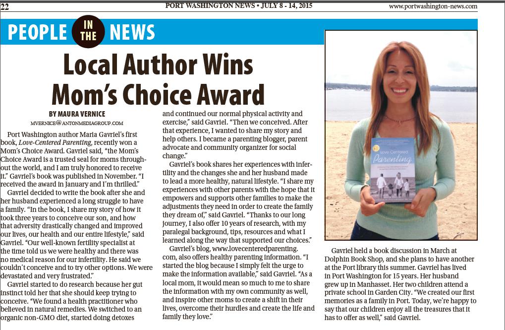 Local Author Wins Mom’s Choice Award – Article from Port Washington News